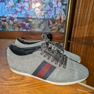 Gucci Bambi Silver Glittery Sneakers with Red and Black Accents